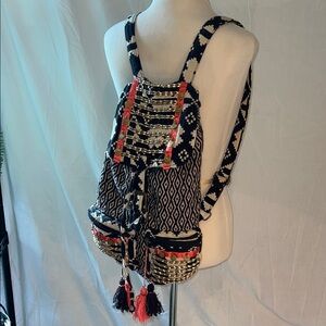 Boho Black & Cream Woven. Backpack with Coral Accents